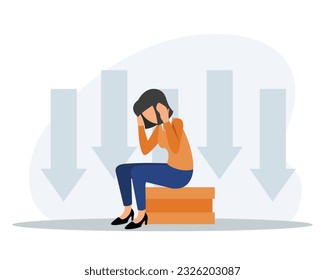 Young lady sitting on coins and touching head. Secure banking services. Business investment profit and loss. Valuable economic resources. Vector flat illustration in blue and orange colors