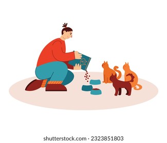 Young lady sitting on floor and giving food to cats. Protection and care for homeless cats. Zoo volunteer helping shelter pets. Flat vector illustration in blue and orange colors