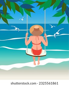 Young lady sitting on a see-saw on the beach with a seascape on the background flat vector illustration