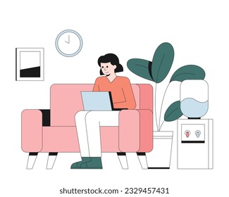 Young lady sitting on sofa and doing job in coworking center, working on laptop. Concept of increasing productivity and efficiency in business. Vector flat illustration