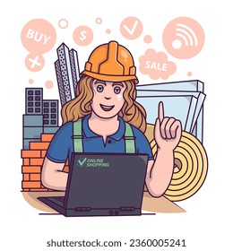 Young lady sitting at table and choose in laptop materials for building. Order and buying repair goods. Online shopping. Flat vector illustration in cartoon style