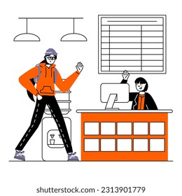 Young lady sitting at table with computer in reception area and welcomes new employee comes to office. Different workers in coworking space. Flat vector illustration in purple and orange colors