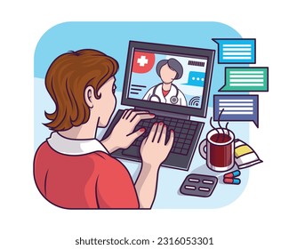 Young lady sitting at table, talking with doctor via laptop. Remote medical consultation via Internet. Make diagnoses and treat online remotely. Vector flat illustration in blue and red colors