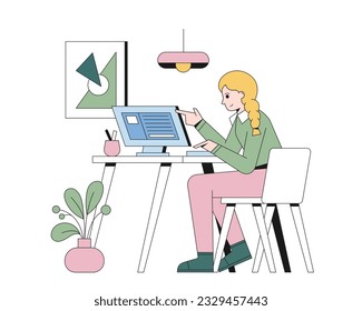 Young lady sitting at table and working on computer. Concept of increasing productivity and efficiency in business. Modern coworking center. Vector flat illustration pink and green colors