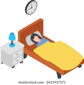 Joven durmiendo en la cama concepto isométrico, diseño de icono de vectores de sueño nocturno completo, símbolo de compromiso de tiempo de repuesto, símbolo de perseguir adicionales, pasatiempos personales ilusión de material