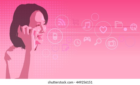 A young lady with a smart phone is happily calling in the world of technology.
