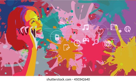 A young lady with a smart phone is happily calling in the colorful world of technology.