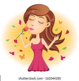 Young Lady Smelling Red Rose
