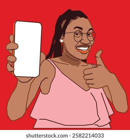 A young lady smiling confidently while giving a thumbs-up and showing her phone screen, exuding positivity and excitement in a modern setting.