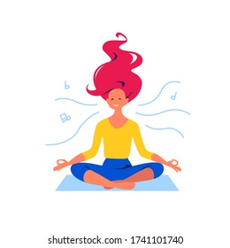 Young lady smiling and meditating, sit on on yoga mat in lotus asana, mental health and good vibes concept. Vector flat illustration.