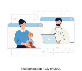 Young lady with son talking online with therapist via tablet. Modern online healthcare services. Process of giving remote consultations to patients. Vector flat illustration in blue colors