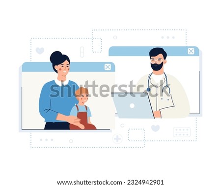 Young lady with son talking online with therapist via tablet. Modern online healthcare services. Process of giving remote consultations to patients. Vector flat illustration in blue colors