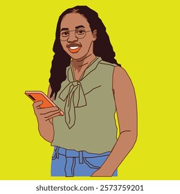 A young lady standing confidently, holding a cell phone in her hand, with a relaxed and pleasant expression, set in a casual and modern environment.
