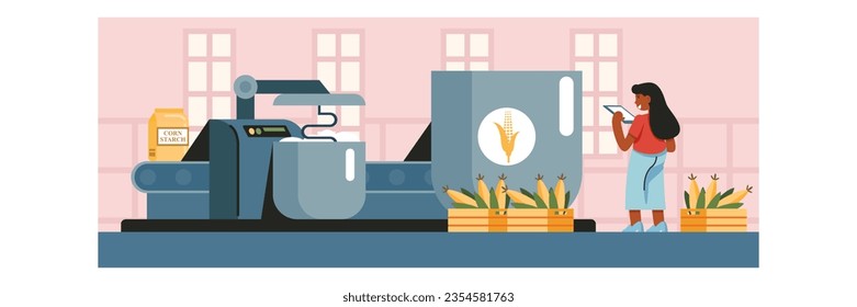 Young lady standing near big machine, holding clipboard and controlling process of corn starch production. Corn cultivation concept. Vector illustration in cartoon style