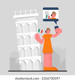 Young lady standing near Leaning Tower of Pisa and take picture. Time for recreation during trip. Sightseeing concept. Travel agency tour customers. Vector flat illustration in cartoon style