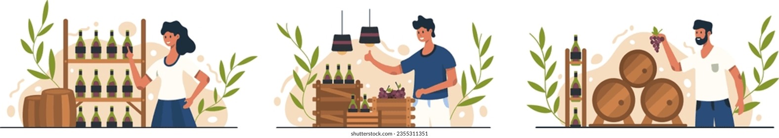 Young lady standing near rack with wine. Male standing near boxes with drink and grape and selecting product. Winemaker holding grape, standing near barrels of wine. Vector flat illustration