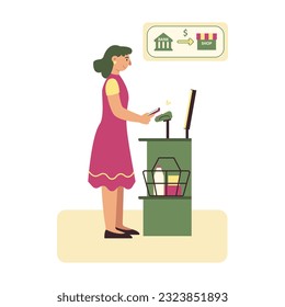 Junge Dame, die im Laden steht und per Handy bezahlt, überweisen Sie Geld von der Karte. Person, die E-Banking verwendet. Mobile Dienste, drahtlose Transaktionen und Selbstbezahlung. Vektorgrafik