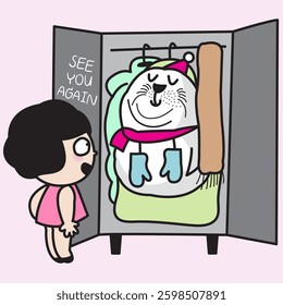 Young lady Store Winter Clothes In Closet As Spring Approaches Concept Cartoon Character illustration copy