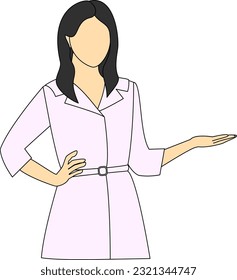 A young lady in suit holding her right hand on a waist and presenting and showing empty copy space on open left hand palm for text, product. Proposing good product. Gesturing for advertisement.