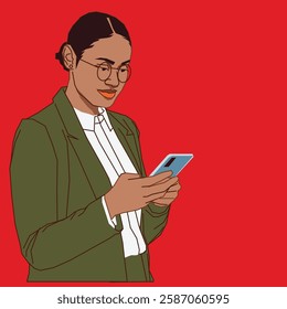 Young lady in a suit reading her phone messages with a smile.