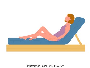Young lady sunbathing on sea lounger chair. Relaxing and tanning on summer beach cartoon vector illustration