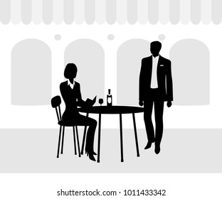 A young lady at a table in a cafe reads a menu beside a waiter.Vector illustration.Black silhouette. 