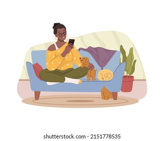 Young lady taking photo of pet life, woman shooting video of canine animal. Vector flat cartoon character with smartphone posting funny pictures of doggo. Home interior of teenager