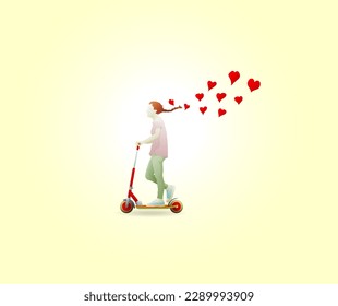 A young lady travel on a kick scooter bike with heart symbol flying off her head for the concept of a lovely mode of transportation. Vector illustration. 