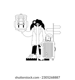 Young lady With a traveler rucksack in his hands. Tourism topic. Dim and white lineart. Trendy style, Vector Illustration