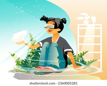 Young lady traveling in virtual space with plants. Kid travelling in virtual reality, exploring nature concept. Flat vector illustration in cartoon style