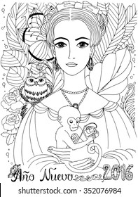 Young lady in a tropical forest with Owl and Monkey. Translation of the foreign text Ano Nuevo is New Year. Doodle, sketch, graphic work. Coloring book for adult. 