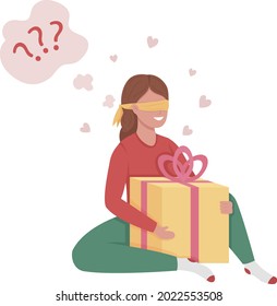 Joven tratando de adivinar el contenido de la caja de regalo de carácter vector de color semiplano. Persona de cuerpo entero sobre blanco. Ilustración de estilo de dibujos animados modernos y aislados por sorpresa de cumpleaños para diseño gráfico y animación