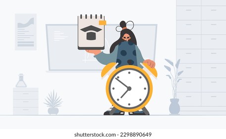 Young lady with unique and alert clock, learning subject. Trendy style, Vector Illustration