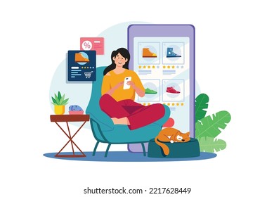 A young lady uses her cellphone to order online shopping products.