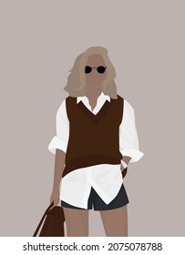 Young lady vector flat image of a girl in a modern autumn outfit. Vector flat illustration in light colors. Design for textiles, posters, backgrounds, templates, avatars, postcards.