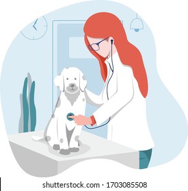 Young lady veterinarian examining dog in hospital. Pets Doctor checking heartbeat of a dog with a stethoscope. Cute veterinarian checking Dalmatian dog in a clinic. 