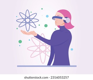 Young lady in VR glasses looking and holding science symbol in cyberspace. People in virtual reality concept. Flat vector illustration in purple and pink colors