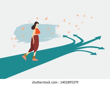 Young lady walking by the arrow pointed to the several ways. Making the right decision in life 