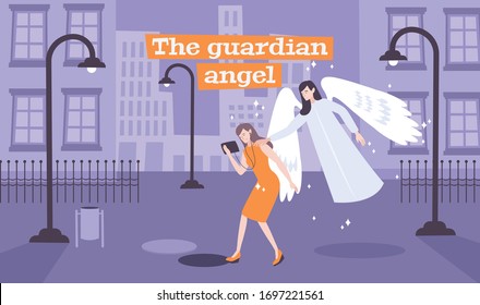 Young lady walking deserted street gets message guardian angel sending her through touch flat composition vector illustration 