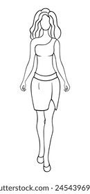 The young lady is walking. Sketch. Vector illustration. A woman wears a tunic with a one-shoulder strap and a short pencil skirt with a slit at the hip. A girl with wavy hair and long legs. 