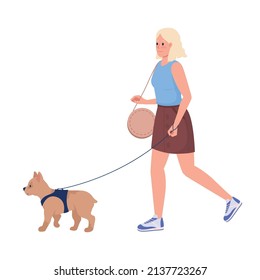 Young lady walking small dog on street semi flat color vector characters. Walking figures. Full body person on white. Simple cartoon style illustration for web graphic design and animation