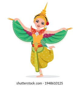 Young lady wear kinnaree costumes - thai traditional folk dance.