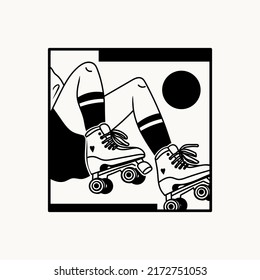 Young lady wearing comfortable long socks and vintage roller Skates. Girl sitting on floor. Close-up look. Black and white square Hand drawn modern Vector illustration. Poster, print, logo template 