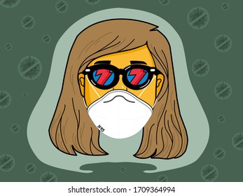 Young lady wearing cool lightning glasses. And wear a N95 mask to prevent dust and disease, prevent the spread of corona virus or covid-19. Vector illustration.
