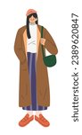 Young lady wearing fashionable winter clothes, beret hat, sweater, long coat, long striped skirt, moccasins and crossbody bag. Flat cartoon style vector illustration isolated on white background