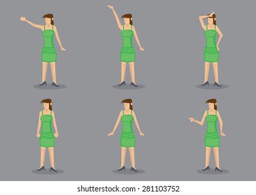 Young lady wearing green body hugging slip dress with spaghetti straps and black heels in different gestures. Set of six vector cartoon characters isolated on grey background.