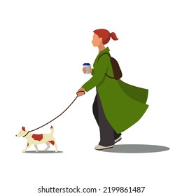 Young lady wearing green coat walking with a small dog vector illustration