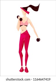 young lady wearing red bra and trousers exercising with dumbbell