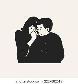 Young lady whispering secrets into boys's ear. Confused, mad young man. Talking something to other person, gossip, rumor, secret concept. Hand drawn Vector illustration. Cartoon style. Cute characters