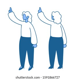 Young lady in white blouse with her right hand pointing up, front and back view. Flat vector illustration. Isolated on white background.